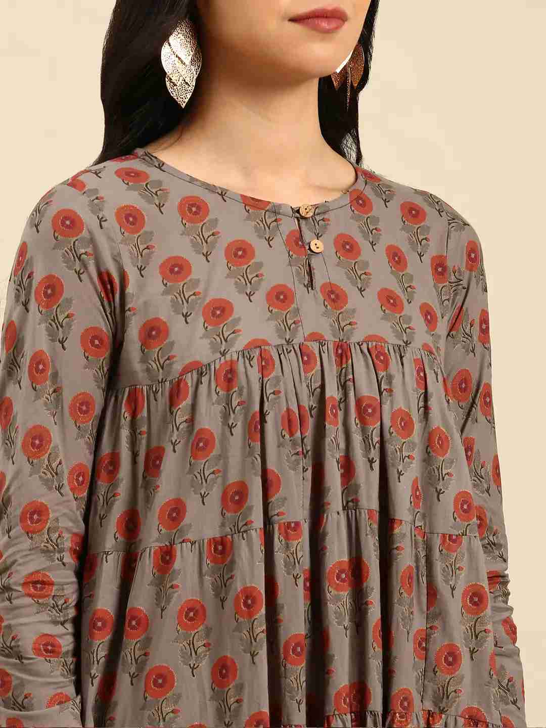 SHOWOFF Women Grey Floral Round Neck Full Sleeves Ankle Length Anarkali Kurta