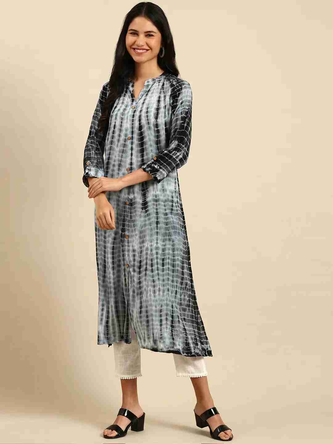 Showoff | SHOWOFF Women Grey Abstract Round Neck Three-Quarter Sleeves Mid Length Anarkali Kurta 3