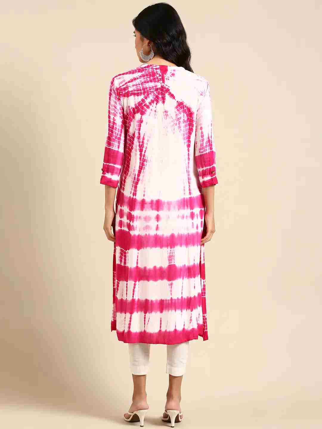 SHOWOFF Women White Abstract Round Neck Three-Quarter Sleeves Mid Length Anarkali Kurta
