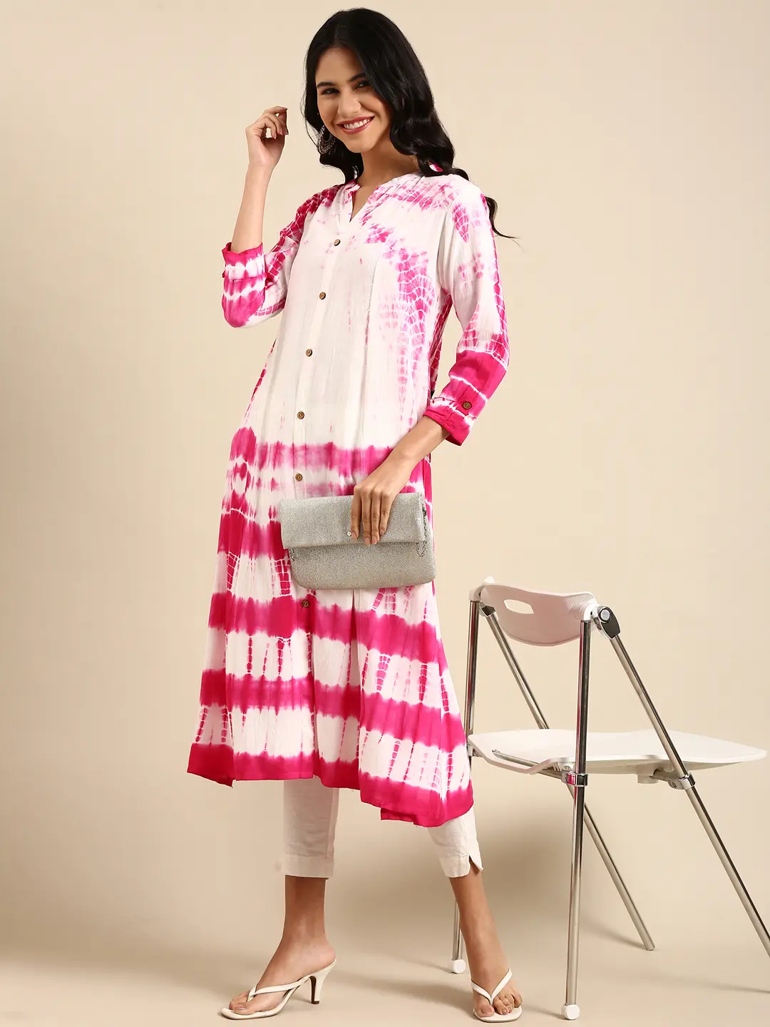 SHOWOFF Women White Abstract Round Neck Three-Quarter Sleeves Mid Length Anarkali Kurta