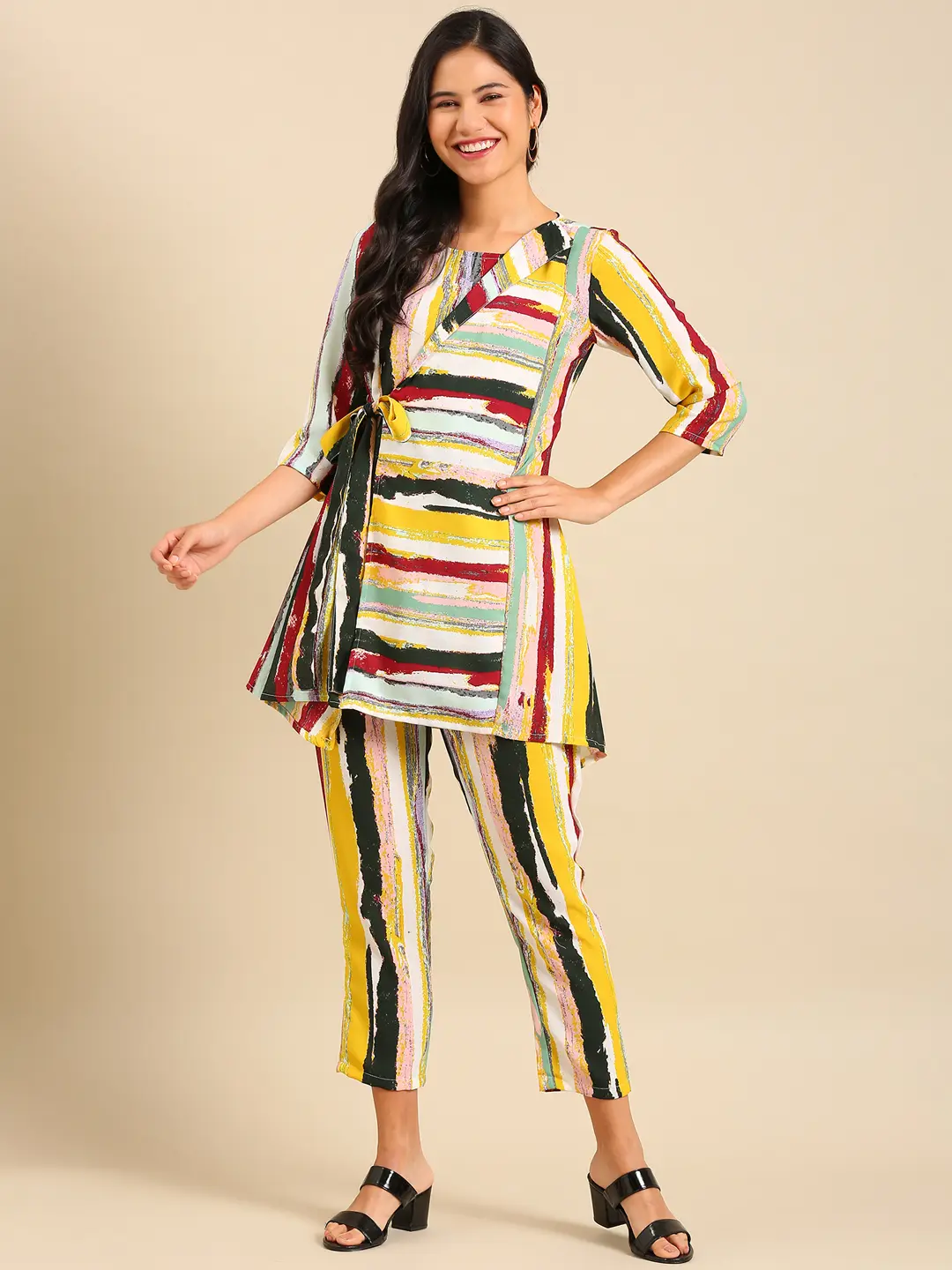 SHOWOFF Women Multi Striped  Scoop Neck Three-Quarter Sleeves Above Knee A-Line Kurta Set