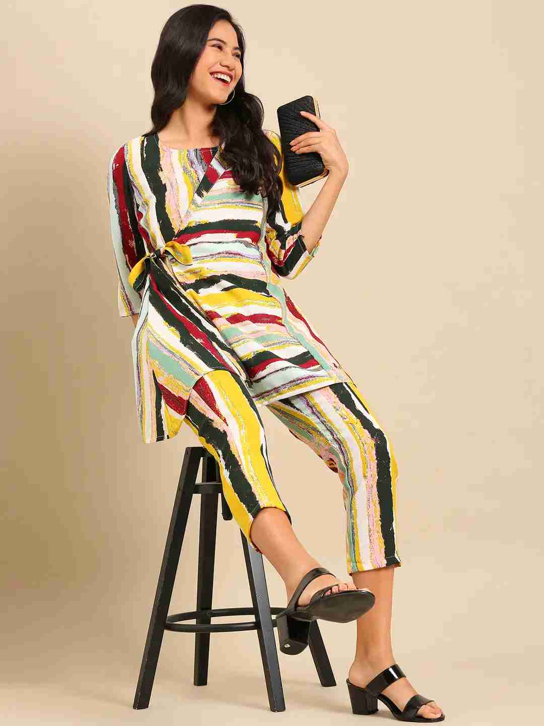 SHOWOFF Women Multi Striped  Scoop Neck Three-Quarter Sleeves Above Knee A-Line Kurta Set