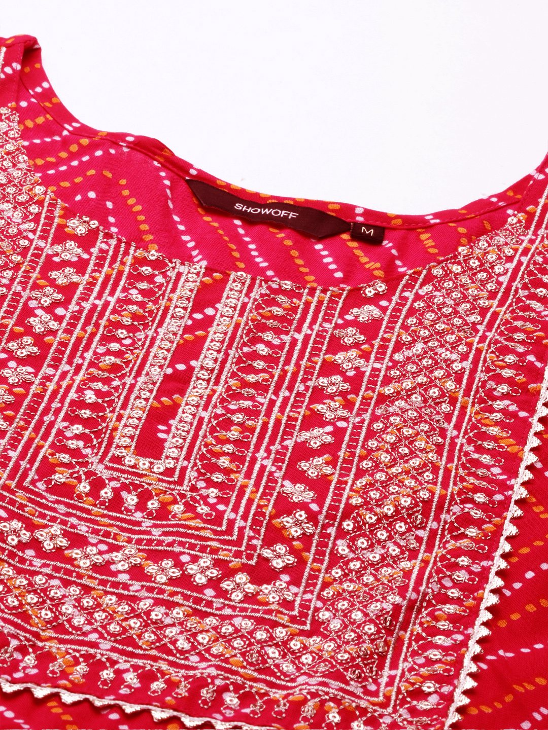 Showoff | SHOWOFF Women Magenta Printed Round Neck Three-Quarter Sleeves Above Knee Anarkali Kurta Set 1