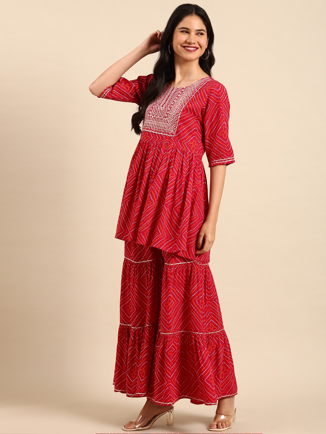 Showoff | SHOWOFF Women Magenta Printed Round Neck Three-Quarter Sleeves Above Knee Anarkali Kurta Set 3