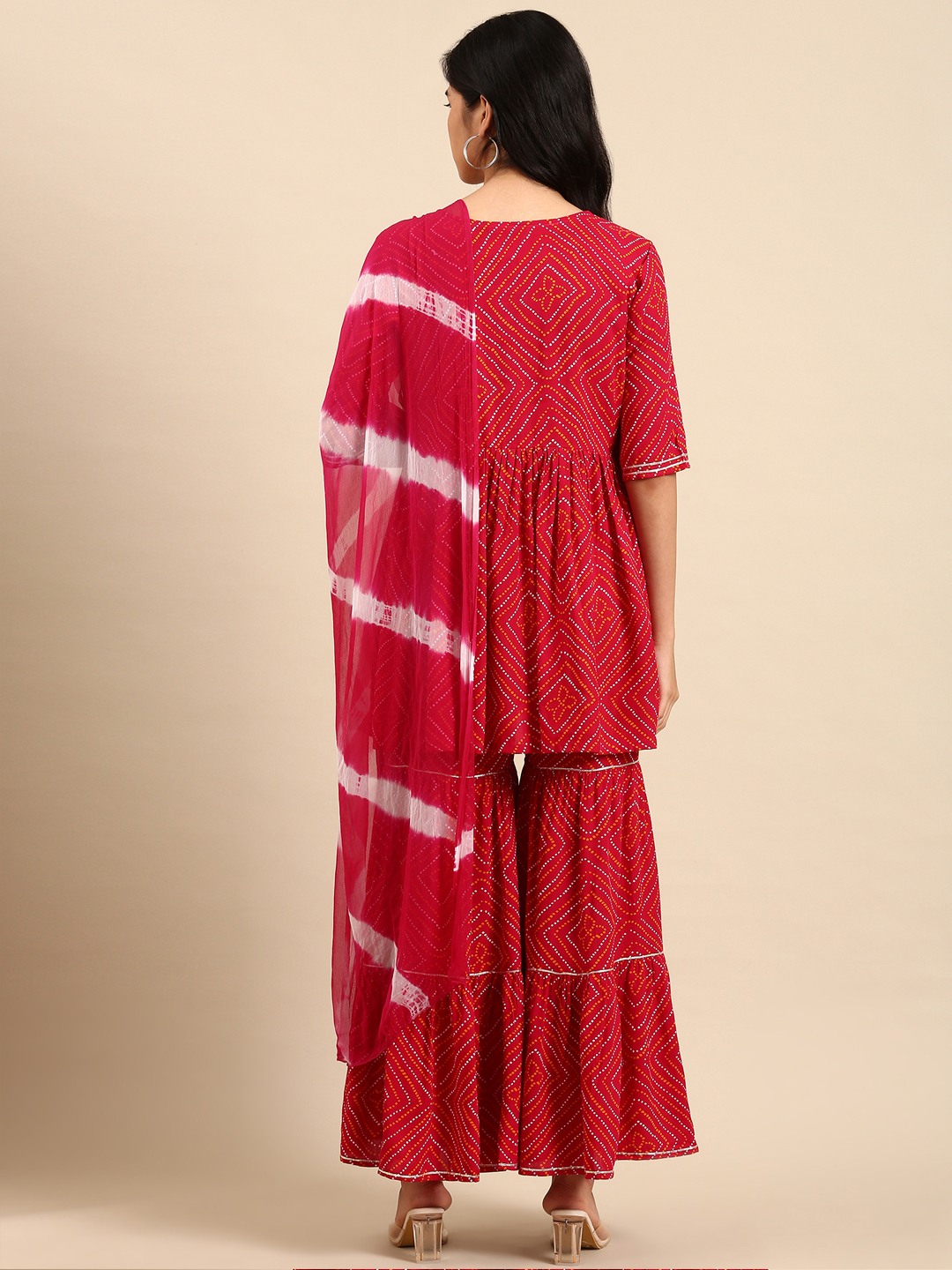 Showoff | SHOWOFF Women Magenta Printed Round Neck Three-Quarter Sleeves Above Knee Anarkali Kurta Set 4