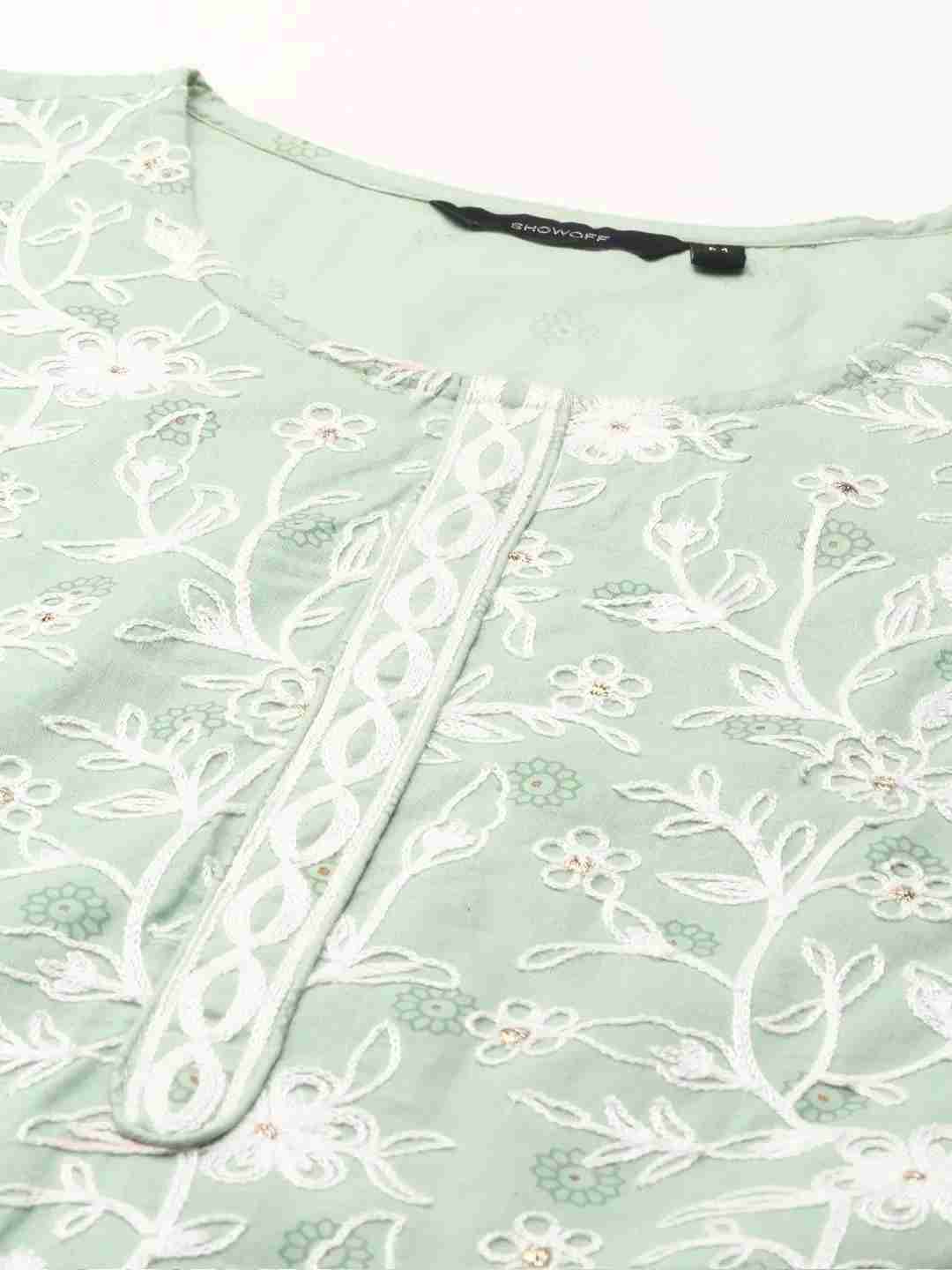 SHOWOFF Women Green Printed Round Neck Three-Quarter Sleeves Mid Length Straight Kurta Set
