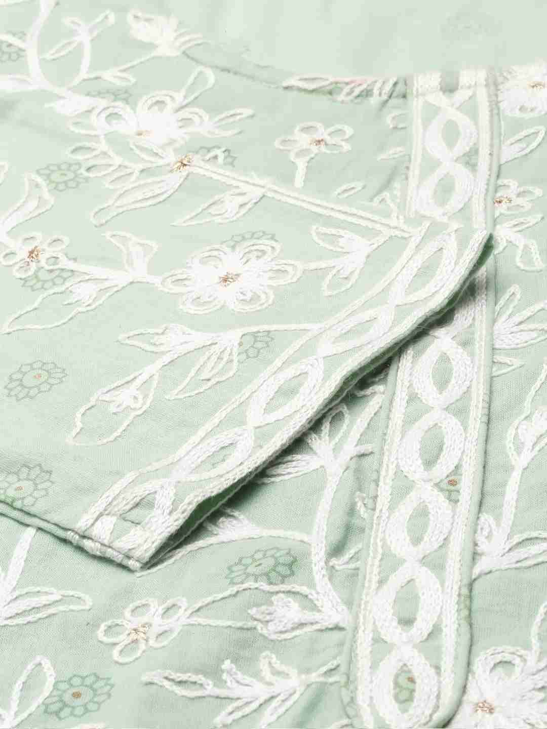 SHOWOFF Women Green Printed Round Neck Three-Quarter Sleeves Mid Length Straight Kurta Set