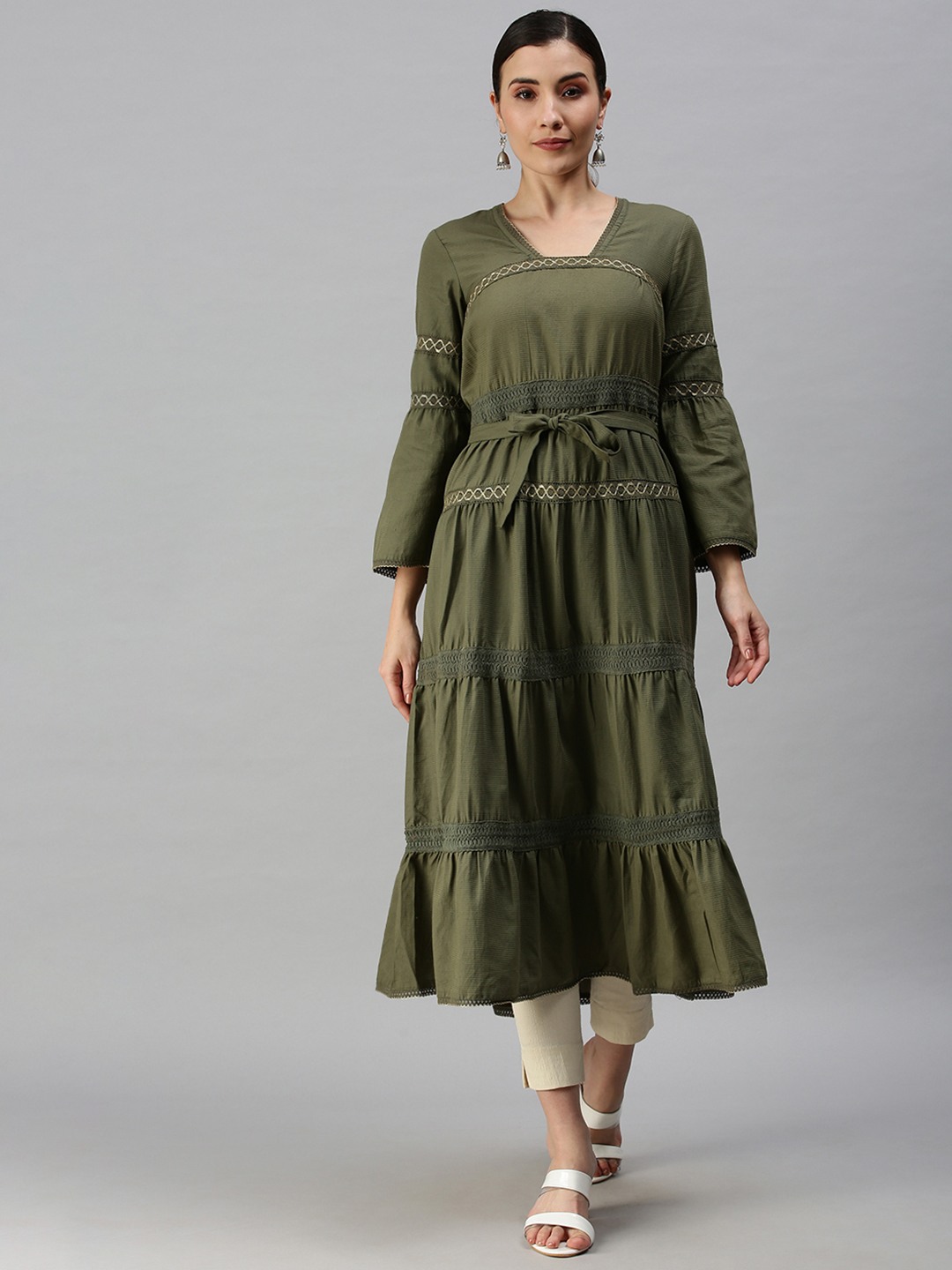 SHOWOFF Women Olive Solid Square Neck Three-Quarter Sleeves Mid Length Anarkali Kurta