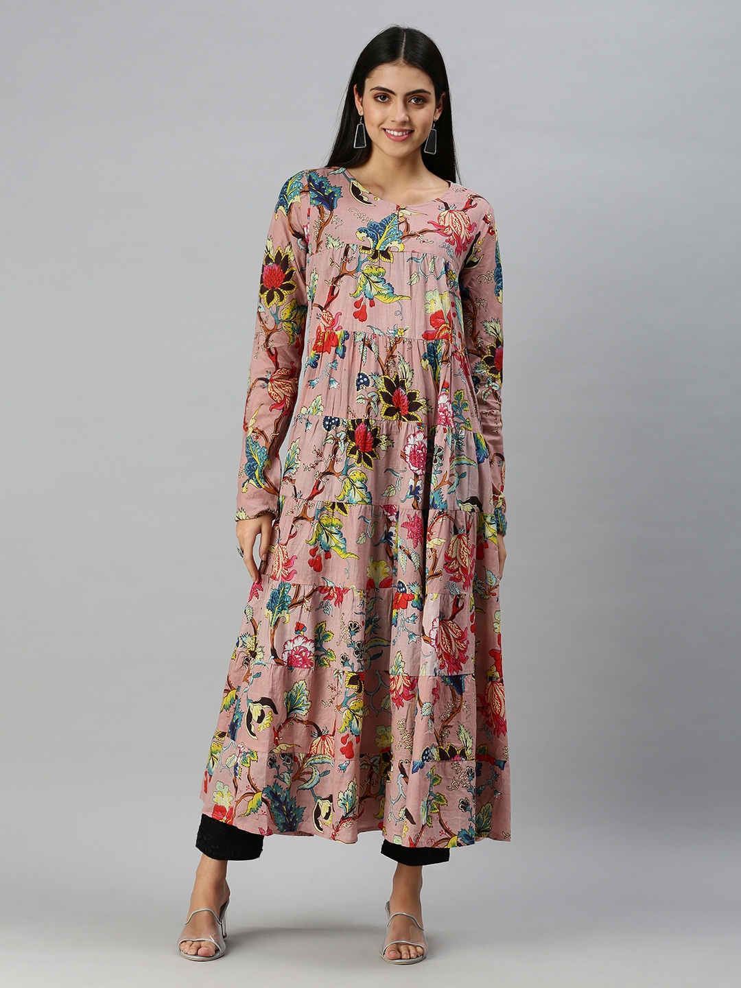 Showoff | SHOWOFF Women Pink Floral Round Neck Full Sleeves Maxi Length A-Line Kurta 1