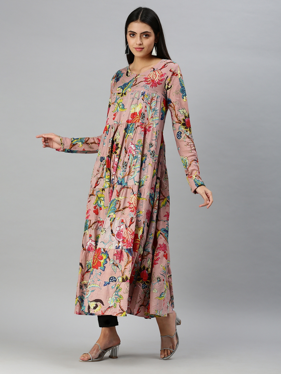 Showoff | SHOWOFF Women Pink Floral Round Neck Full Sleeves Maxi Length A-Line Kurta 2