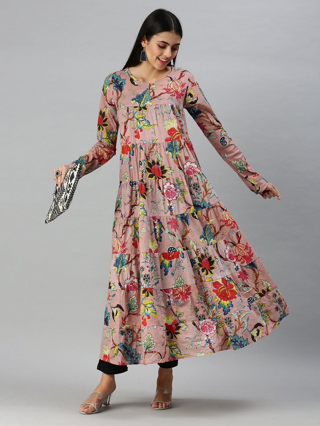 Showoff | SHOWOFF Women Pink Floral Round Neck Full Sleeves Maxi Length A-Line Kurta 4