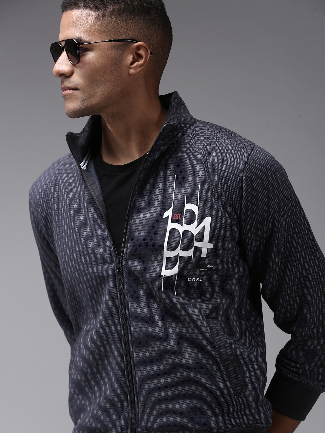 Showoff | SHOWOFF Men Grey Printed High Neck Full Sleeves Front-Open Sweatshirt 0
