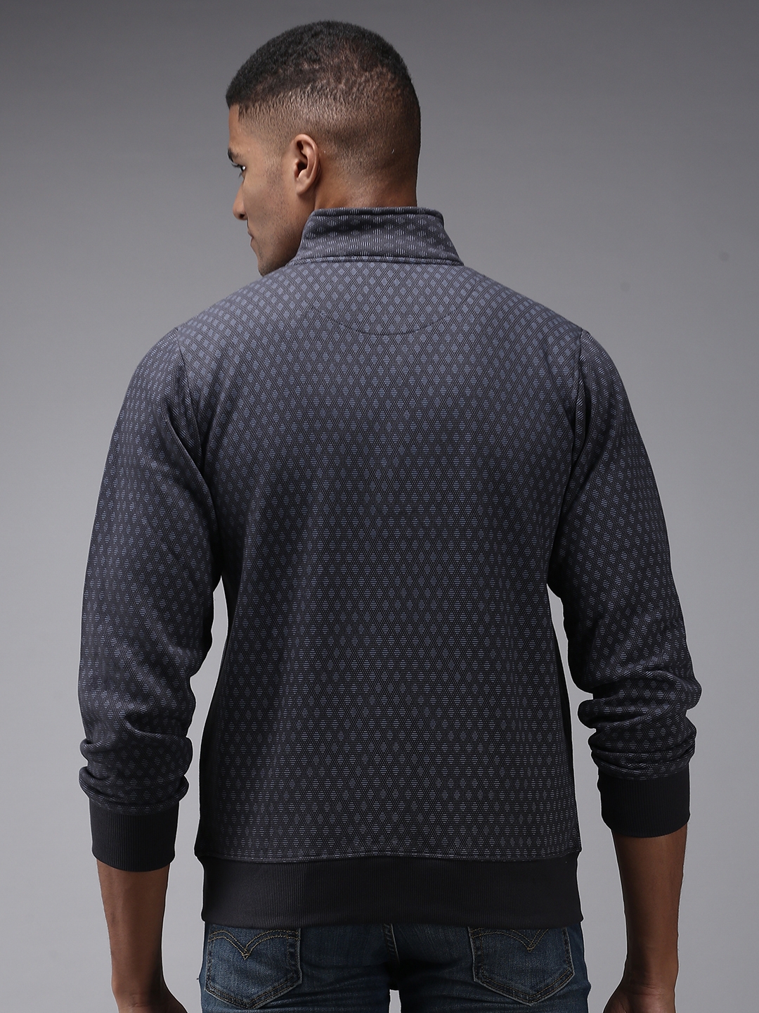 Showoff | SHOWOFF Men Grey Printed High Neck Full Sleeves Front-Open Sweatshirt 3