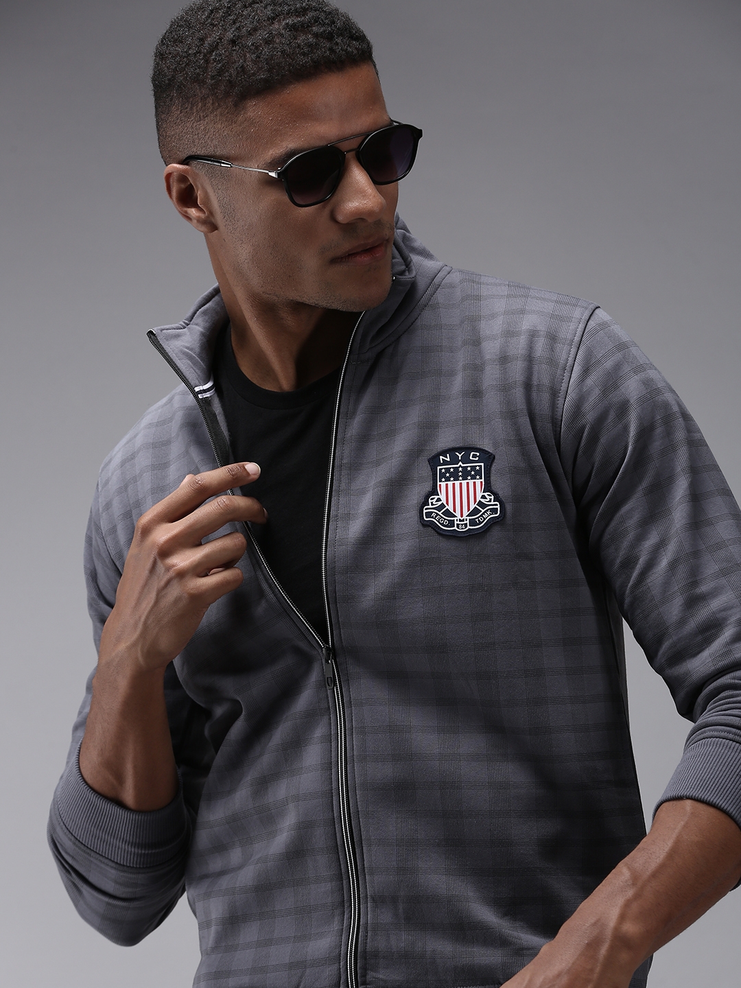 Showoff | SHOWOFF Men Grey Checked High Neck Full Sleeves Front-Open Sweatshirt 0