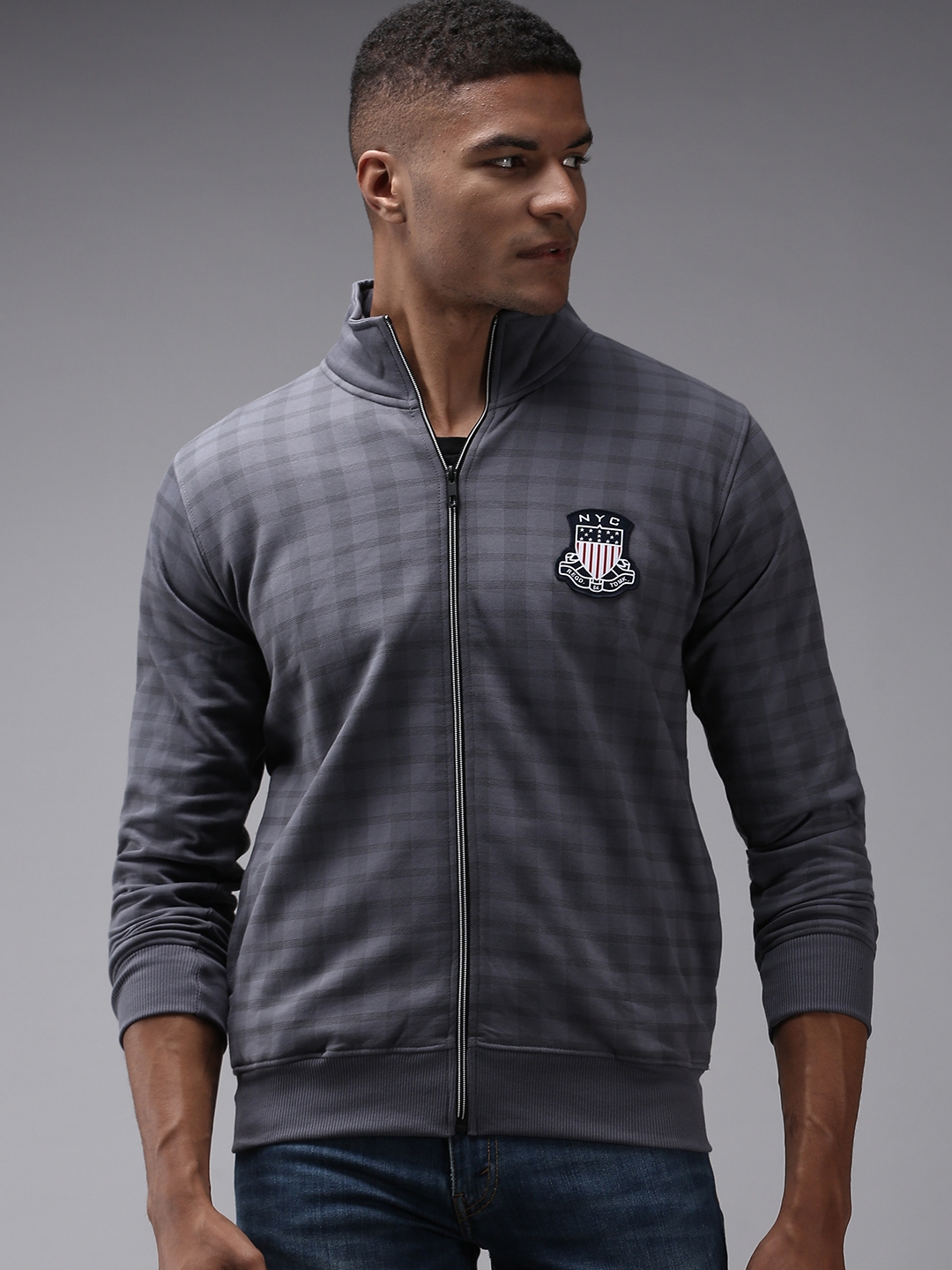 Showoff | SHOWOFF Men Grey Checked High Neck Full Sleeves Front-Open Sweatshirt 1