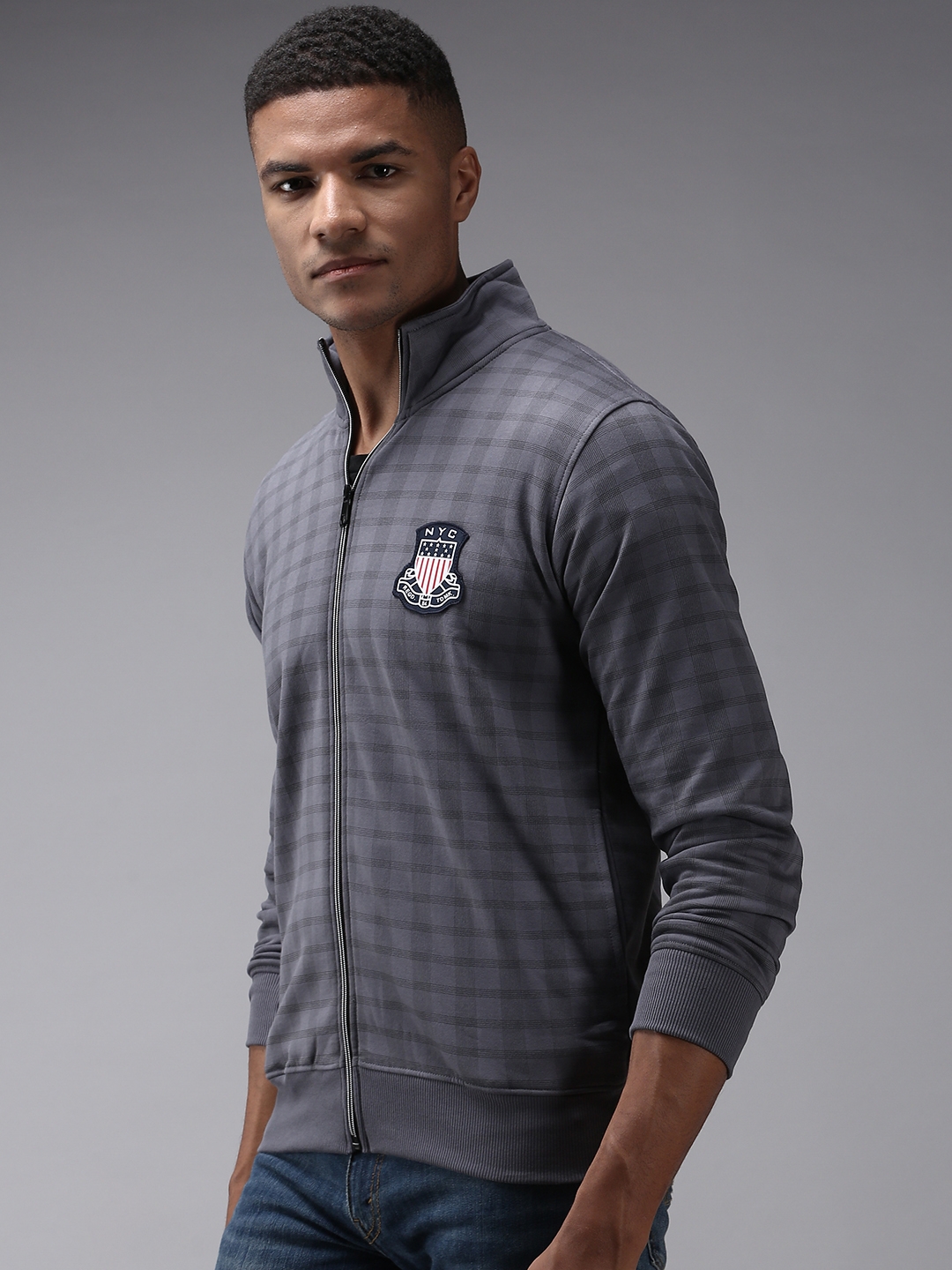 Showoff | SHOWOFF Men Grey Checked High Neck Full Sleeves Front-Open Sweatshirt 2