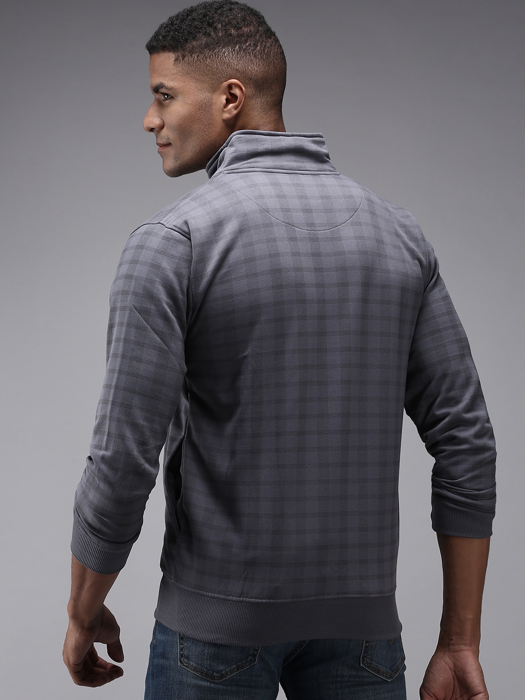 Showoff | SHOWOFF Men Grey Checked High Neck Full Sleeves Front-Open Sweatshirt 3