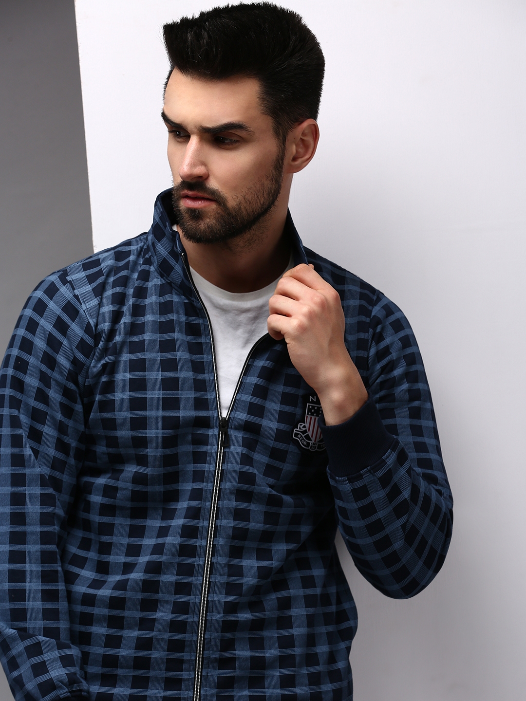 Showoff | SHOWOFF Men Navy Blue Checked High Neck Full Sleeves Front-Open Sweatshirt 0