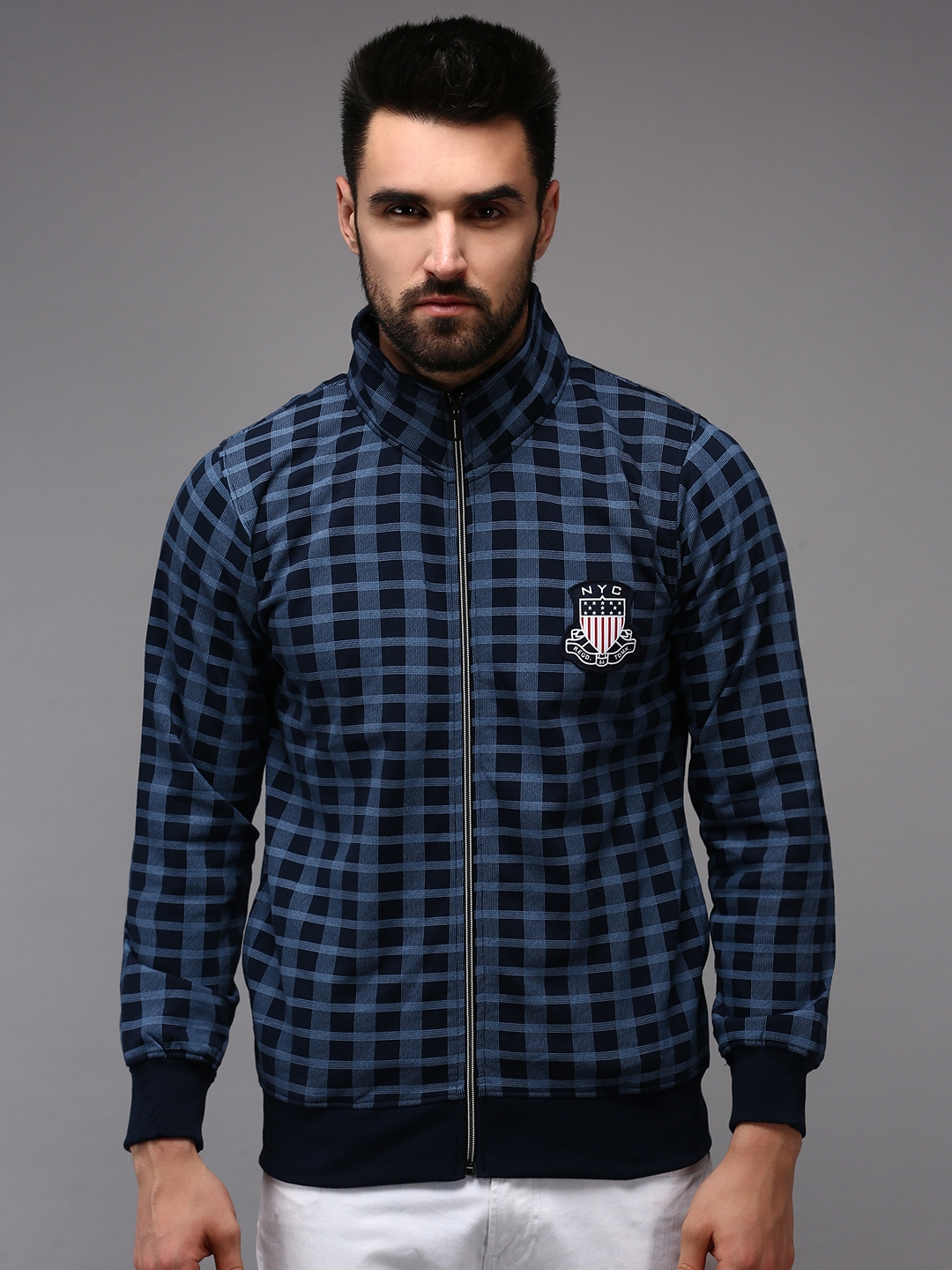 Showoff | SHOWOFF Men Navy Blue Checked High Neck Full Sleeves Front-Open Sweatshirt 1