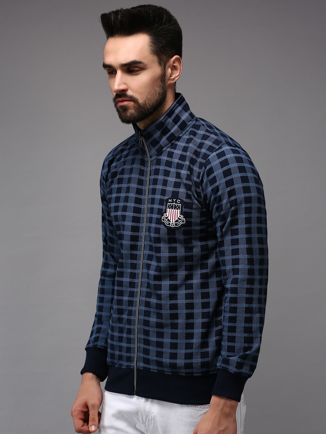 Showoff | SHOWOFF Men Navy Blue Checked High Neck Full Sleeves Front-Open Sweatshirt 2