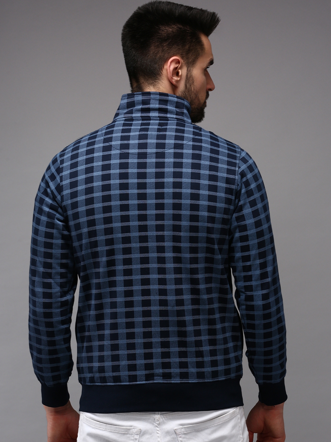 Showoff | SHOWOFF Men Navy Blue Checked High Neck Full Sleeves Front-Open Sweatshirt 3