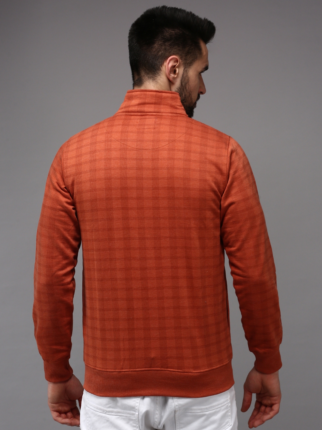 Showoff | SHOWOFF Men Rust Checked High Neck Full Sleeves Front-Open Sweatshirt 3