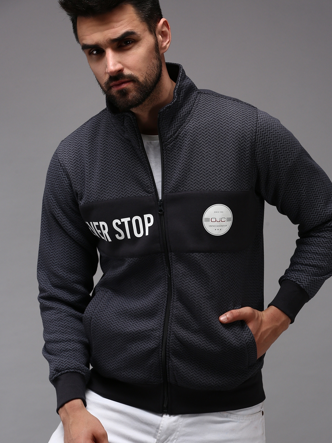 Showoff | SHOWOFF Men's High Neck Grey Geometric Sweatshirt 0