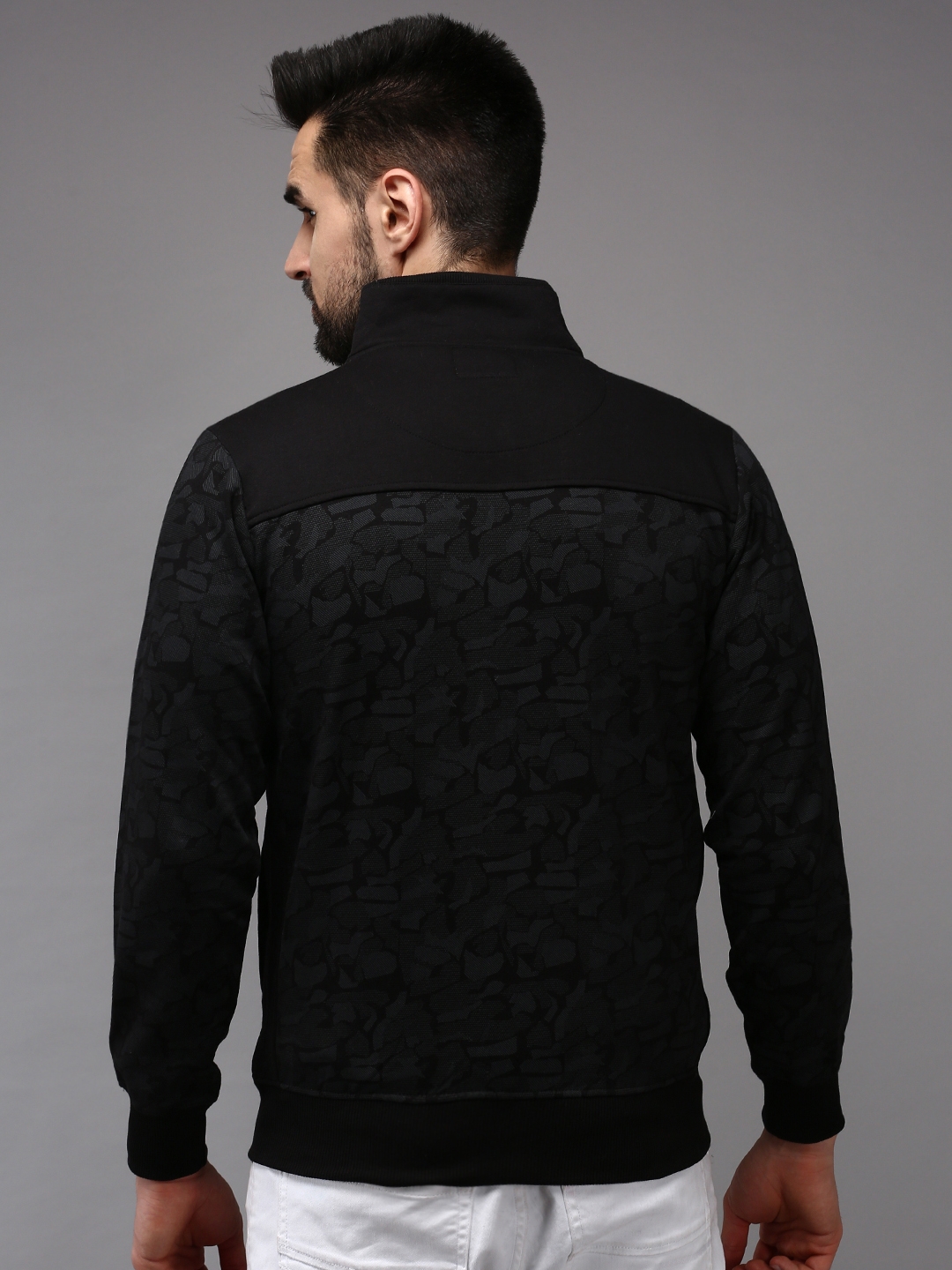 Showoff | SHOWOFF Men Black Printed Mock Collar Full Sleeves Front-Open Sweatshirt 3