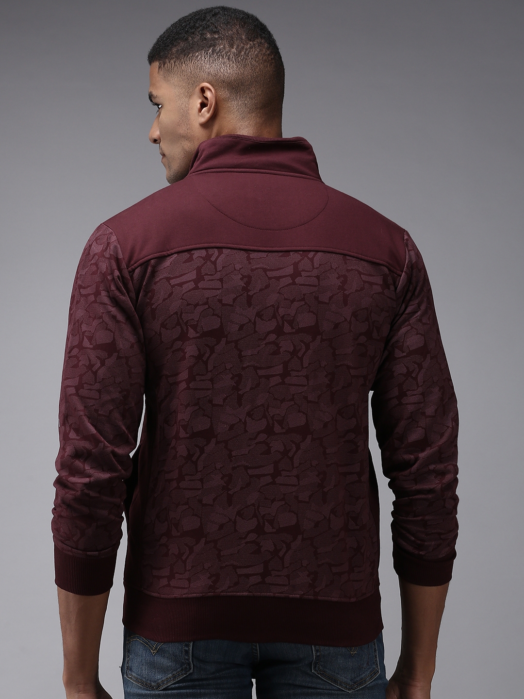 Showoff | SHOWOFF Men Burgundy Printed Mock Collar Full Sleeves Front-Open Sweatshirt 3