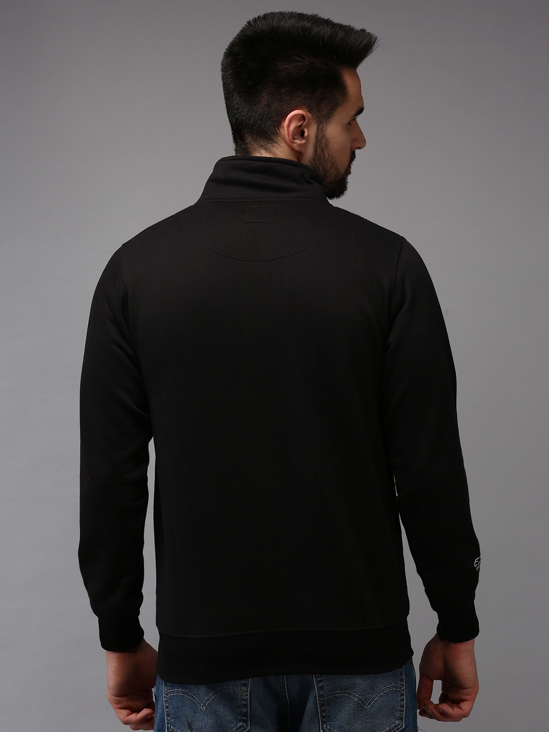 Showoff | SHOWOFF Men Black Solid High Neck Full Sleeves Front-Open Sweatshirt 3