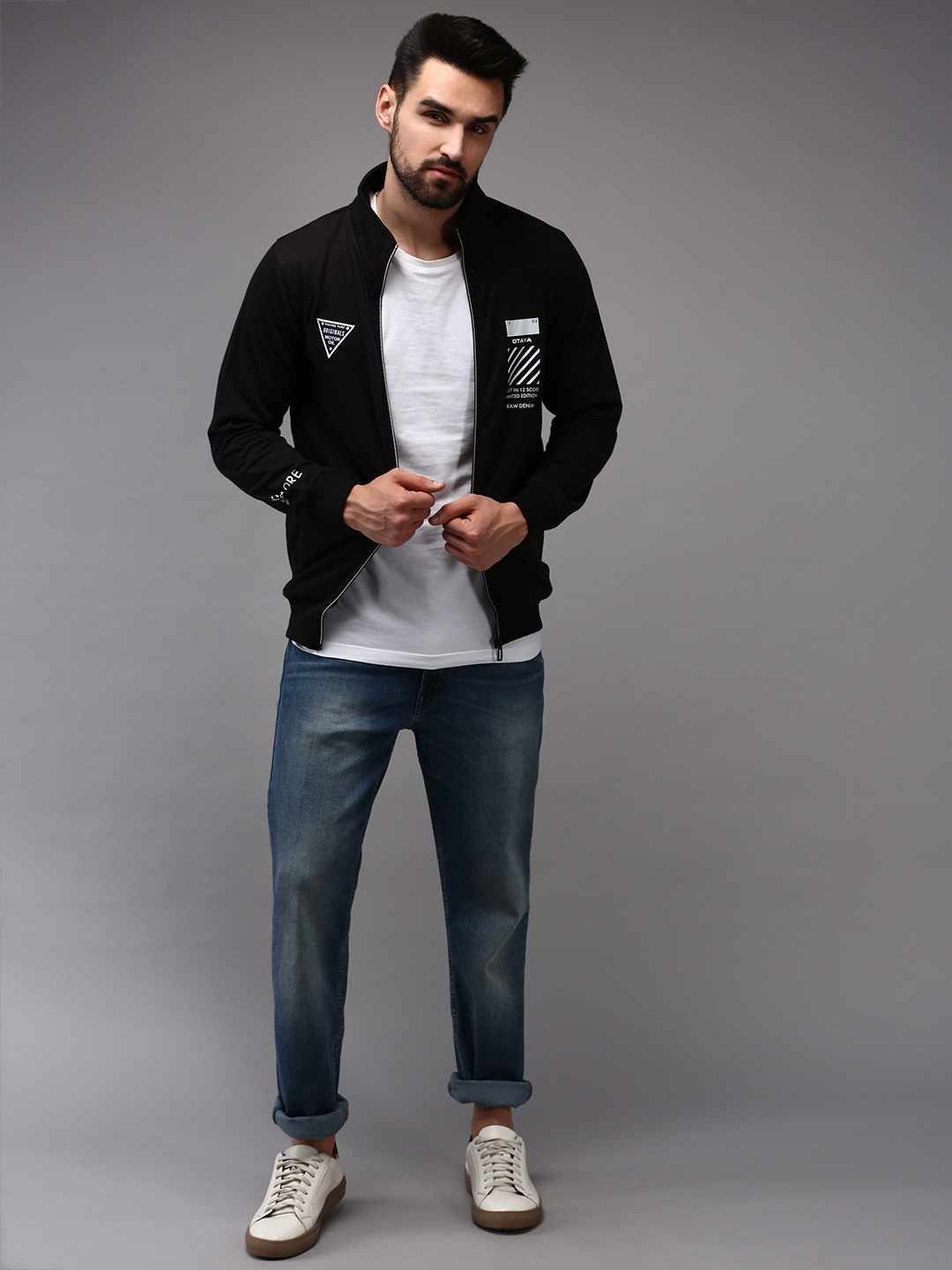 Showoff | SHOWOFF Men Black Solid High Neck Full Sleeves Front-Open Sweatshirt 4