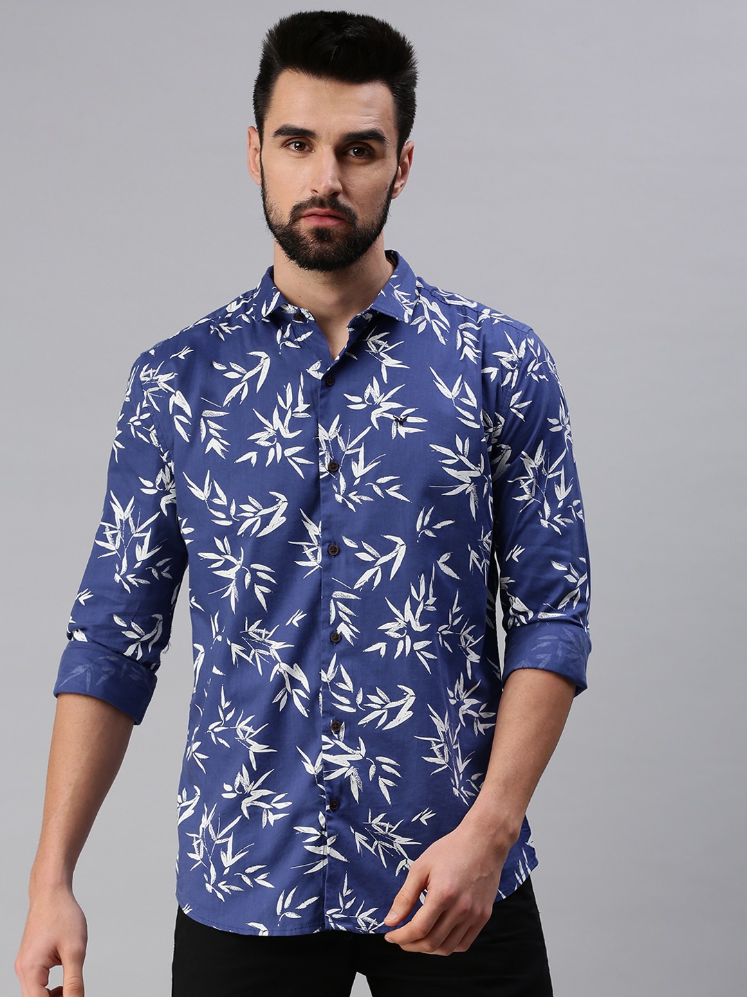 SHOWOFF Men Blue Printed Slim Collar Full Sleeves Casual Shirt