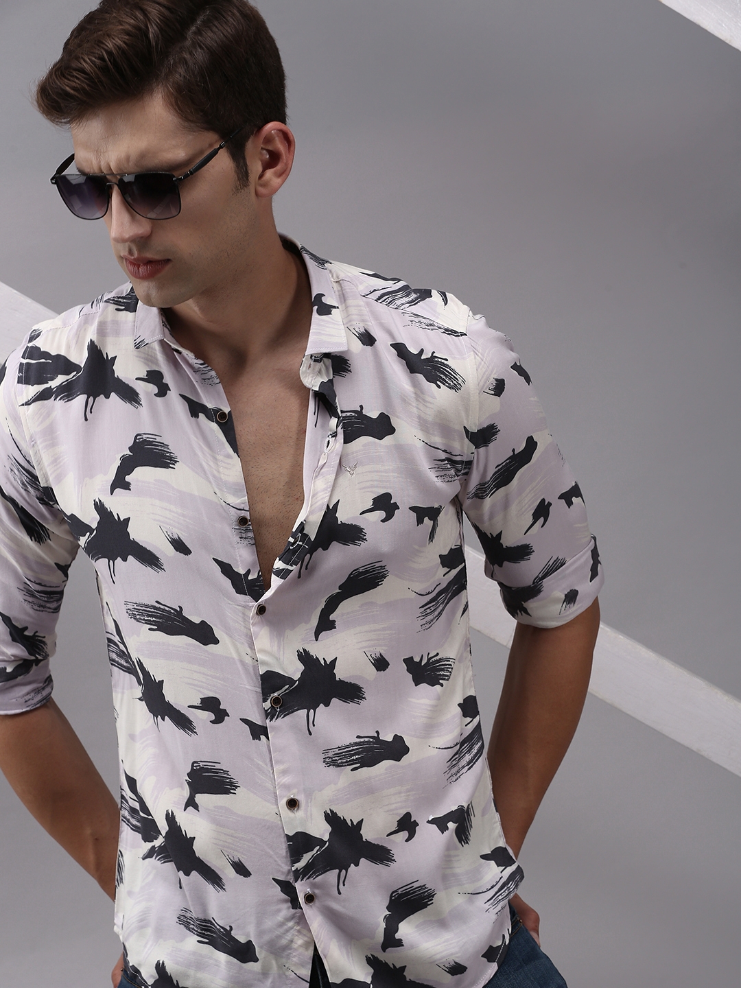 Showoff | SHOWOFF Men Lavender Printed Spread Collar Full Sleeves Casual Shirt 0