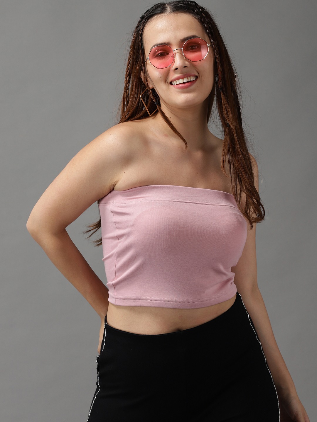 SHOWOFF Women Mauve Solid Strapless Sleeveless Crop Tube Top