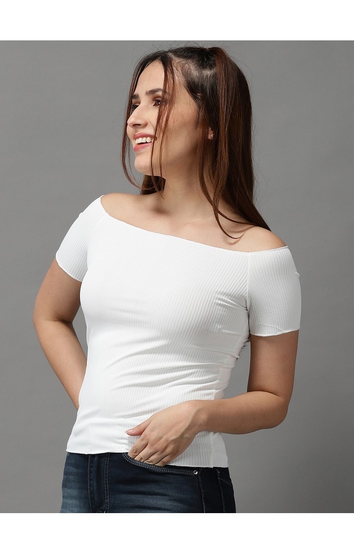 Showoff | SHOWOFF Women White Solid  Off-Shoulder Short Sleeves Regular Fitted Top 1