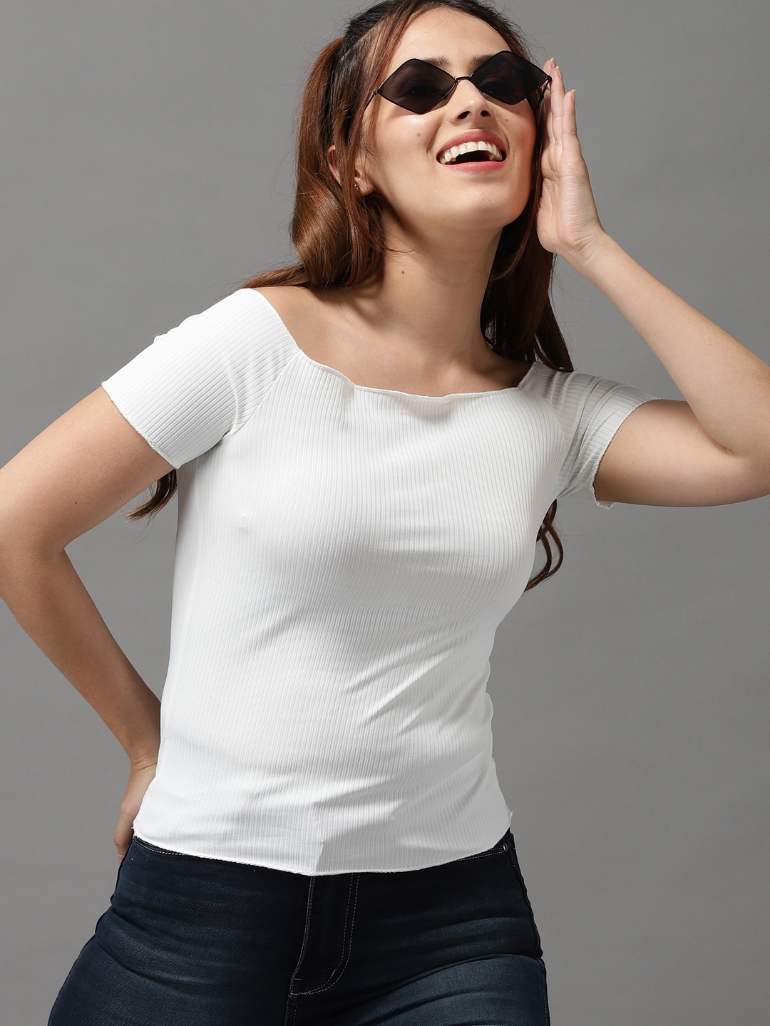 Showoff | SHOWOFF Women White Solid  Off-Shoulder Short Sleeves Regular Fitted Top 5
