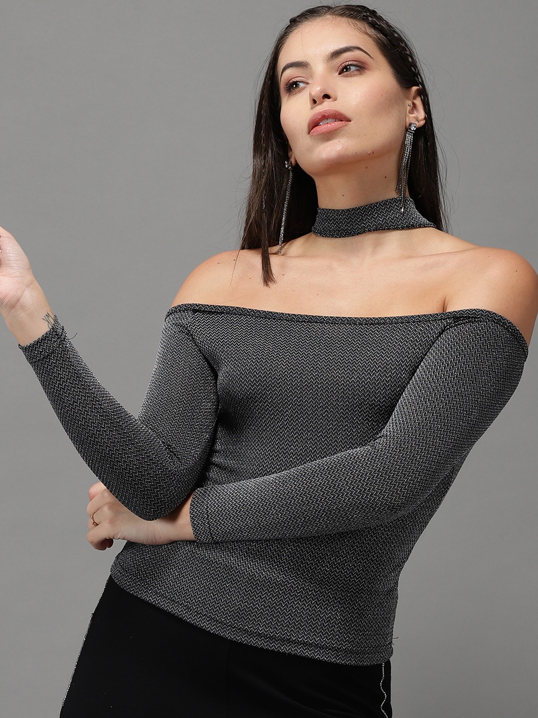 Silver bardot hotsell top