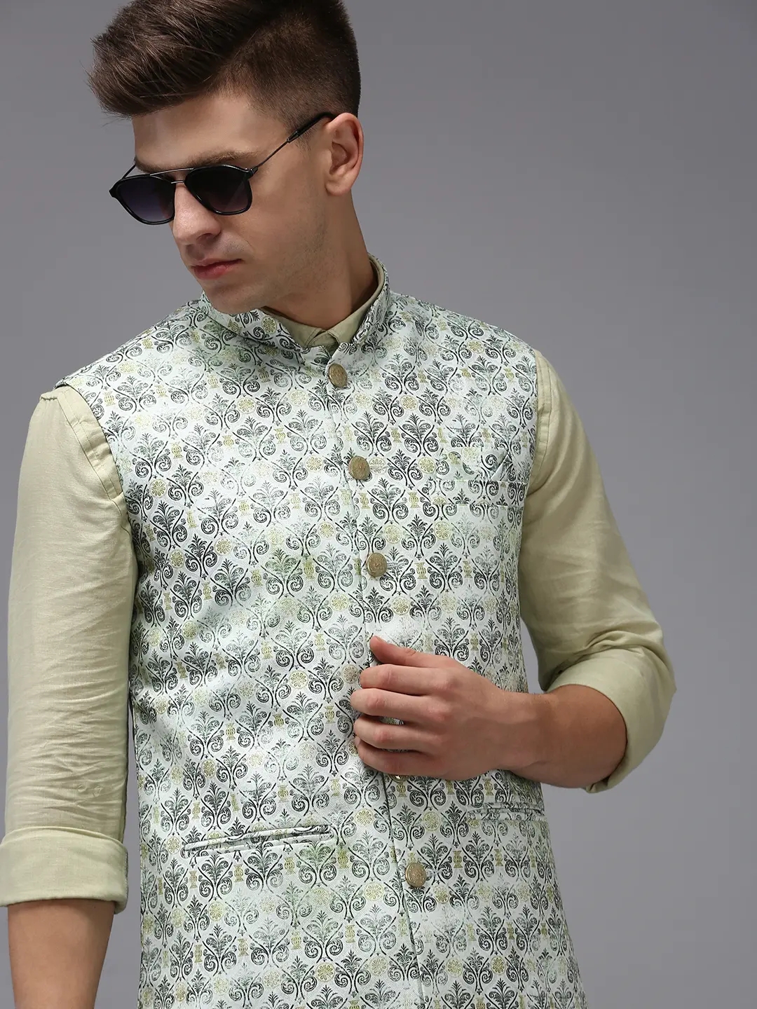Showoff | SHOWOFF Men Green Printed Mandarin Collar Sleeveless Nehru Jacket 0