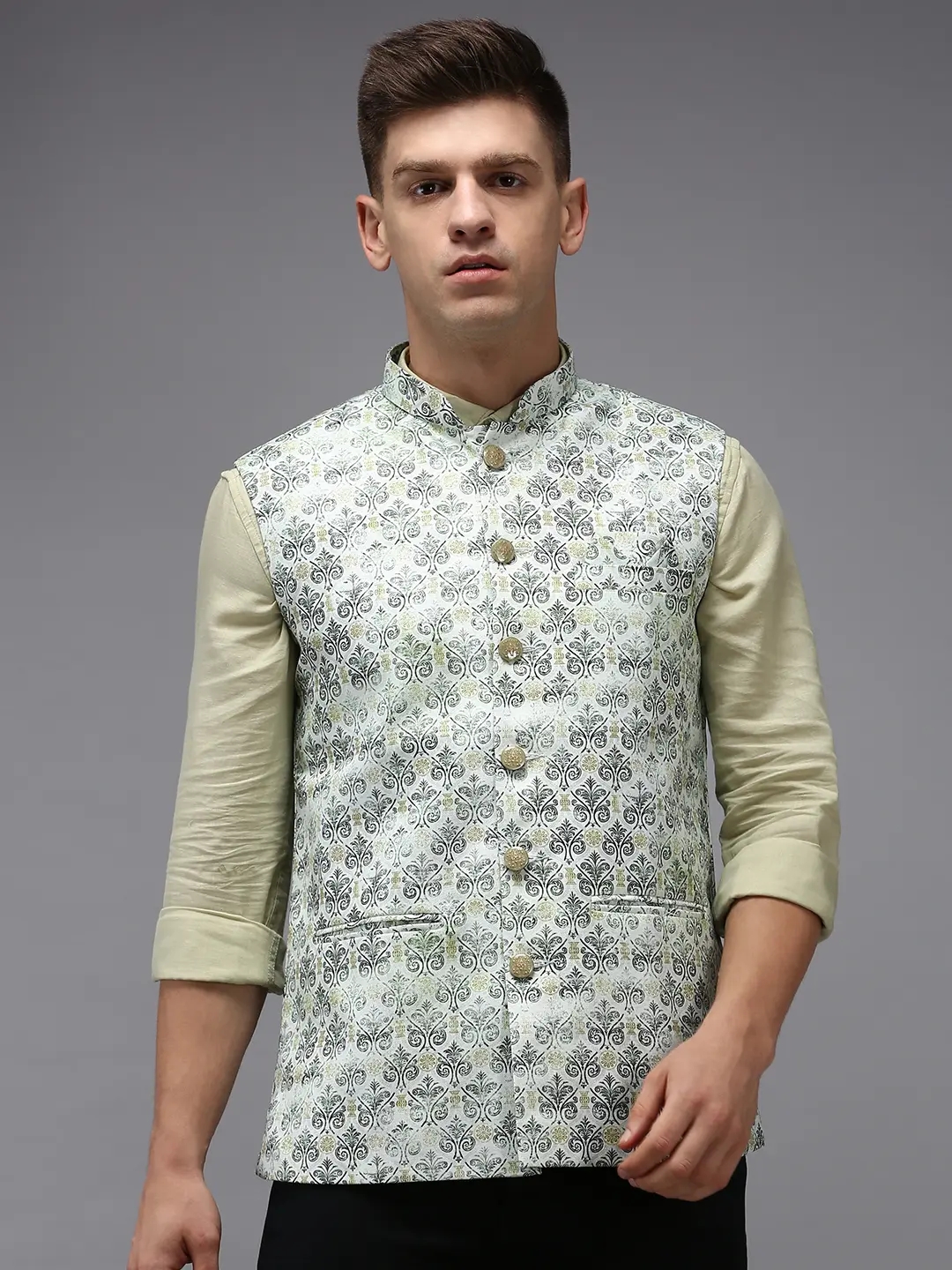 Showoff | SHOWOFF Men Green Printed Mandarin Collar Sleeveless Nehru Jacket 1