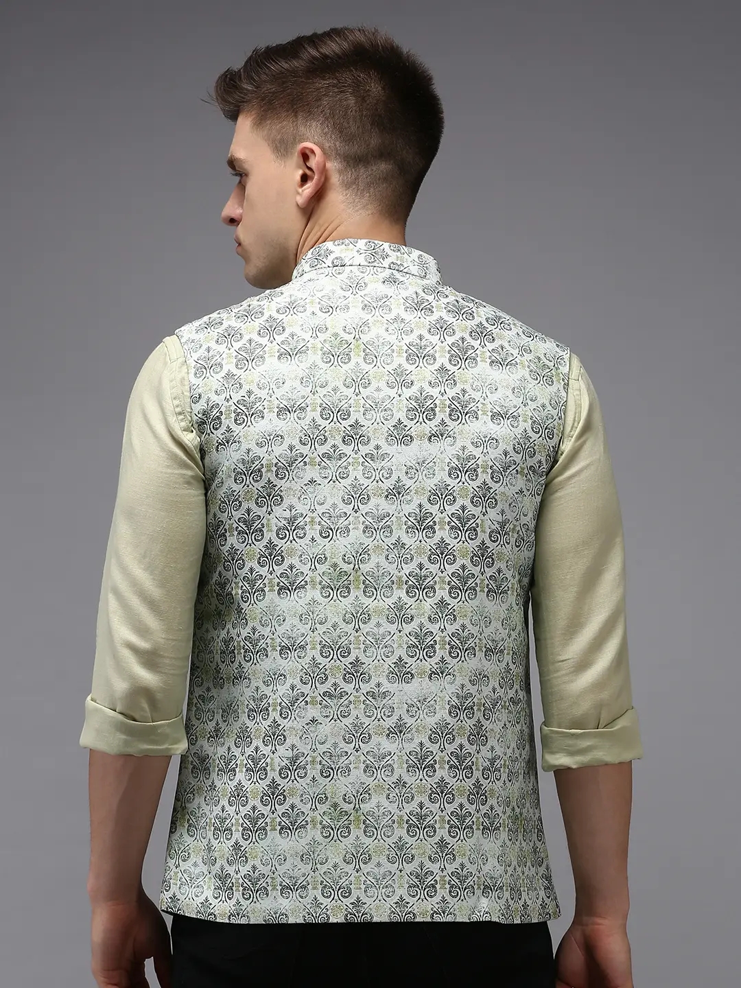 Showoff | SHOWOFF Men Green Printed Mandarin Collar Sleeveless Nehru Jacket 3