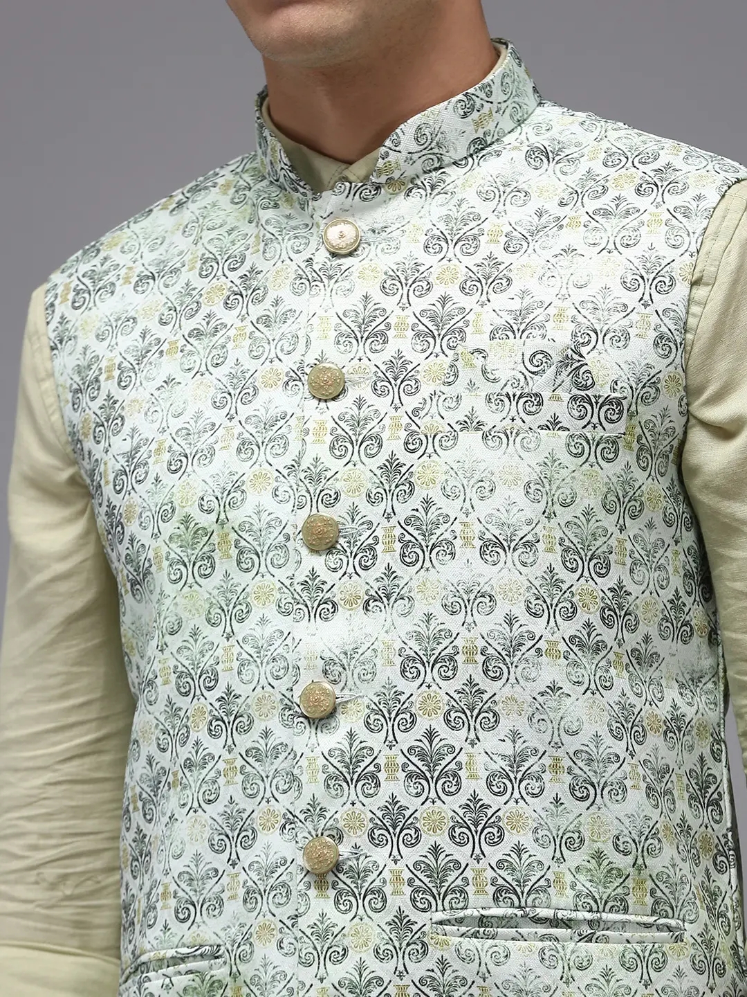 Showoff | SHOWOFF Men Green Printed Mandarin Collar Sleeveless Nehru Jacket 5