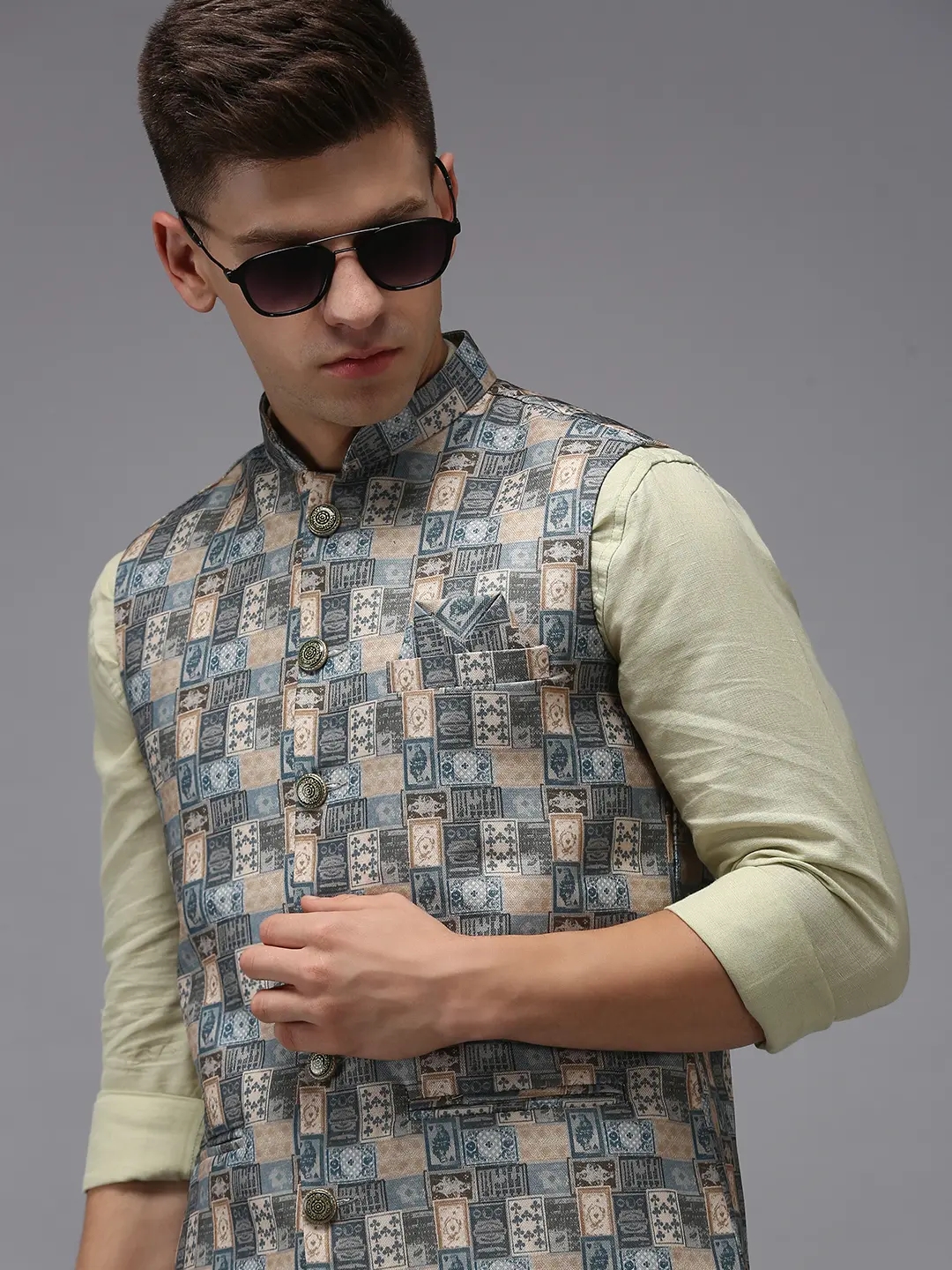 Showoff | SHOWOFF Men Multi Printed Mandarin Collar Sleeveless Nehru Jacket 0