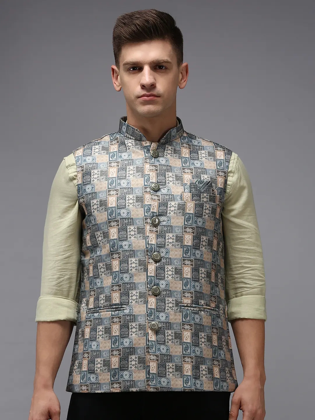 Showoff | SHOWOFF Men Multi Printed Mandarin Collar Sleeveless Nehru Jacket 1