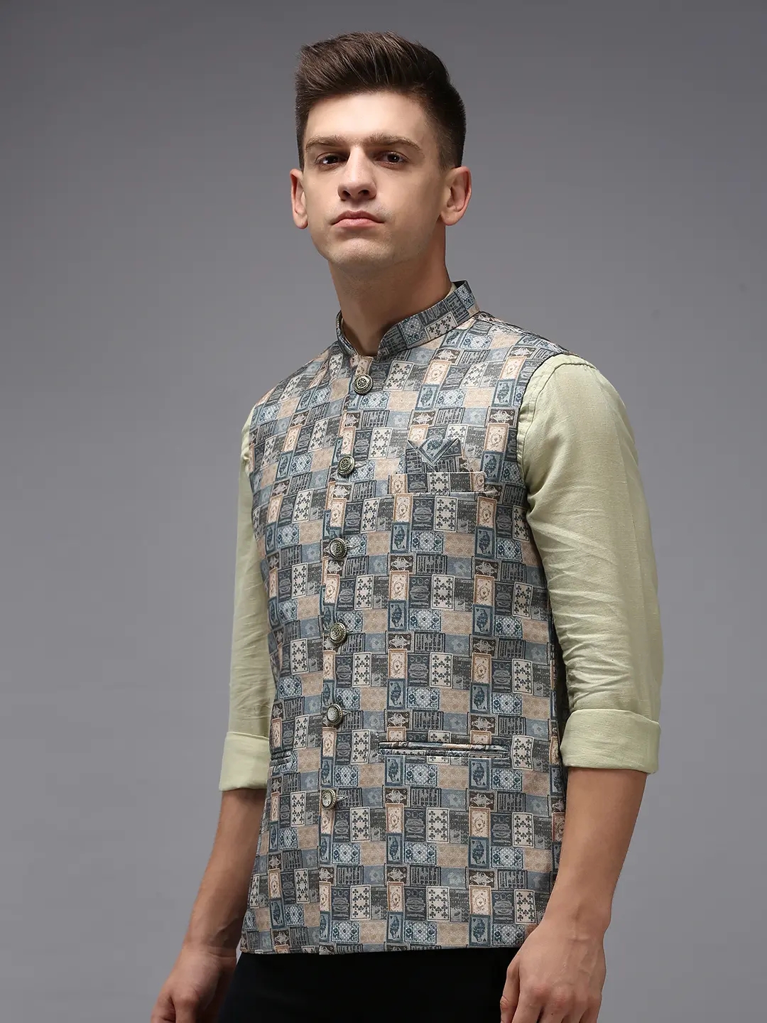 Showoff | SHOWOFF Men Multi Printed Mandarin Collar Sleeveless Nehru Jacket 2