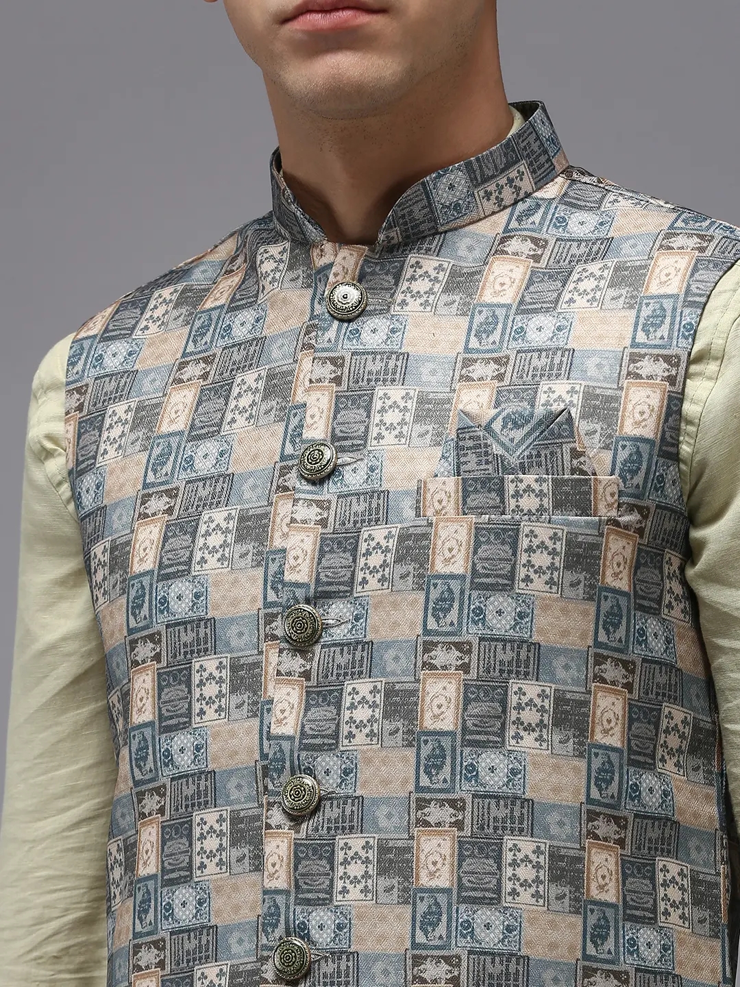 Showoff | SHOWOFF Men Multi Printed Mandarin Collar Sleeveless Nehru Jacket 5
