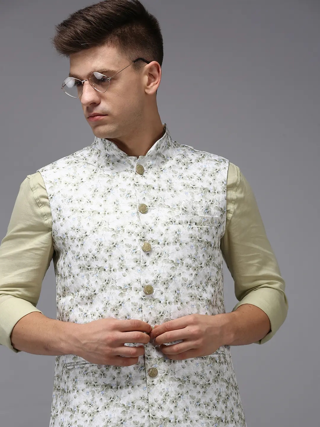 Showoff | SHOWOFF Men Cream Printed Mandarin Collar Sleeveless Nehru Jacket 0