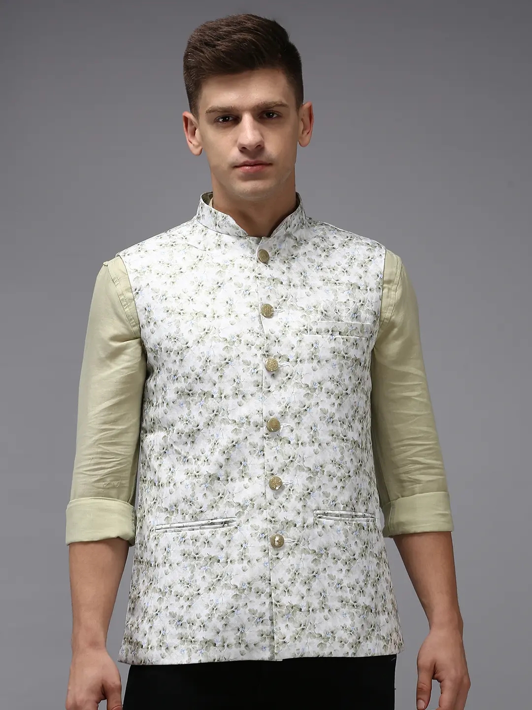Showoff | SHOWOFF Men Cream Printed Mandarin Collar Sleeveless Nehru Jacket 1