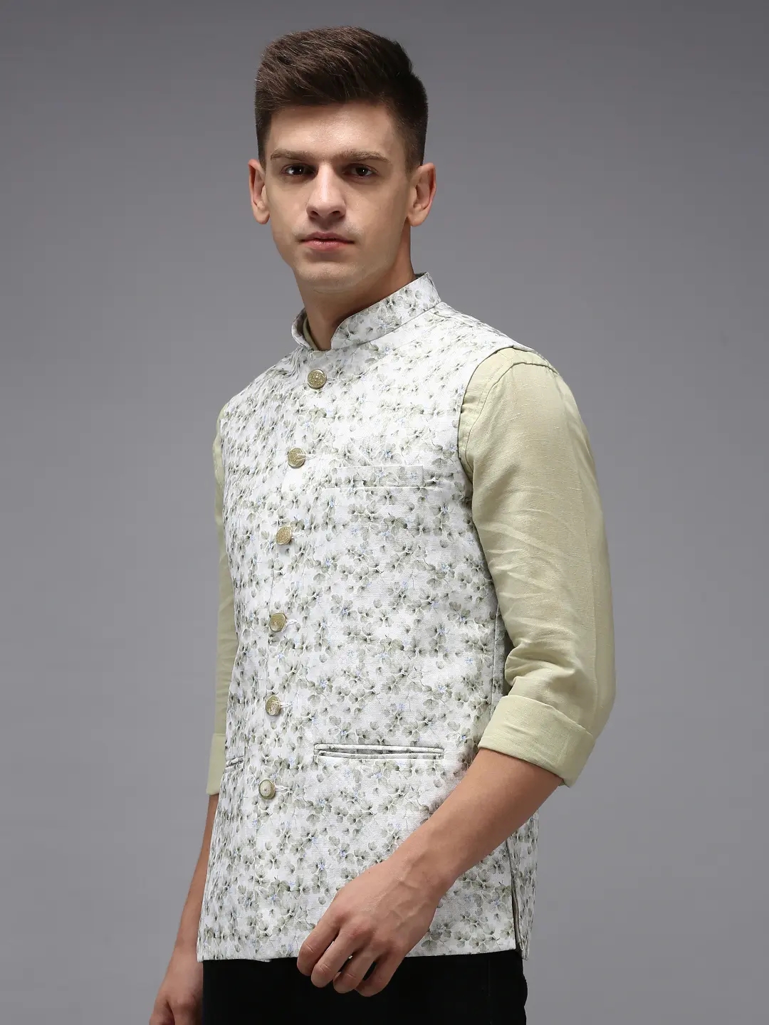 Showoff | SHOWOFF Men Cream Printed Mandarin Collar Sleeveless Nehru Jacket 2