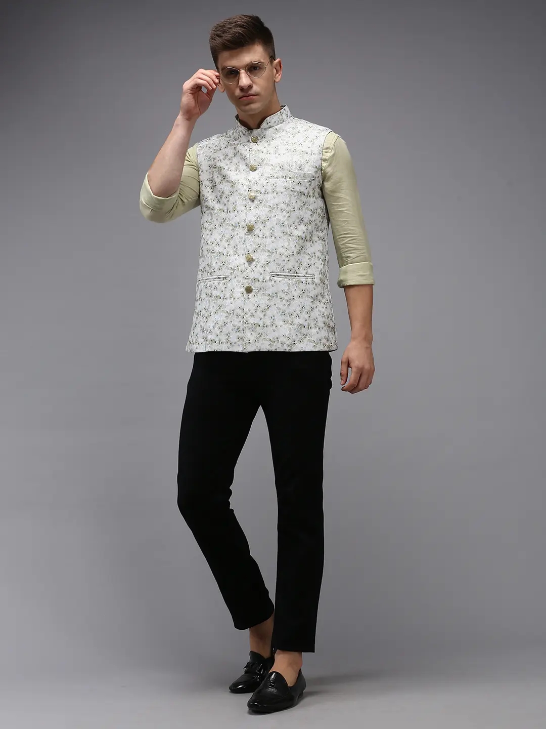 Showoff | SHOWOFF Men Cream Printed Mandarin Collar Sleeveless Nehru Jacket 4