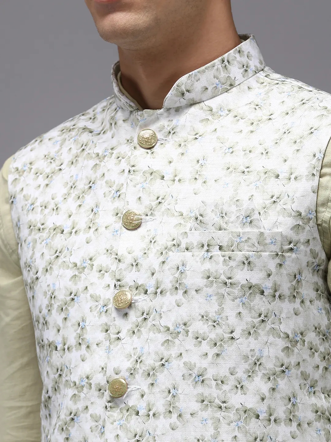 Showoff | SHOWOFF Men Cream Printed Mandarin Collar Sleeveless Nehru Jacket 5